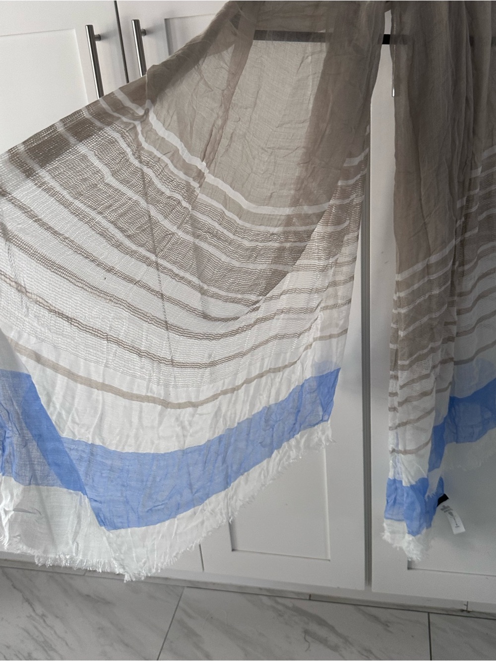 BCBG Max Azria Lightweight Striped Scarf in Taupe, White & Sky Blue